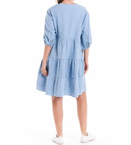 Casual Denim Gathered Tiered <b>Skirt</b> Women Dress Split V-Neck with Neckties Elbow-Length Sleeves with <b>Elastic</b> Cuff A-Line Solid - Product Image 2