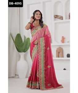 Saree en soie Chinon de style indien et pakistanais avec broderie Codding Design Work Heavy Saree Collections pour vêtements de mariage - Product Image 1