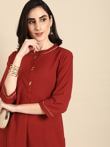 Conjunto de Kurta de Verano 2024 para Mujer, Color Rojo Sólido, Algodón Puro, Elegante, Manga Larga, Cuello Mandarín, con Adorno Zari - Product Image 5