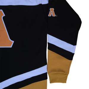 Sudadera con capucha de hockey de lana PESADA | Sudadera con capucha negra y dorada vieja con logotipos bordados | Ropa de temporada de invierno de fraternidad y hermandad - Product Image 3