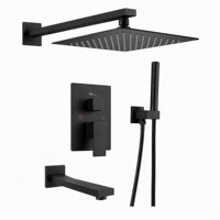 STOCCO Ensemble de douche de luxe noir mat encastré, avec pommeau de douche carré en laiton, douchette à main et bec de baignoire, pour projets hôteliers