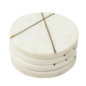 Personalized Set of Linear Brass Inlay White & <b>Grey</b> Marble Drink Coasters Pattern & Metal Inlay Table Mats & Pads - Product Image 2