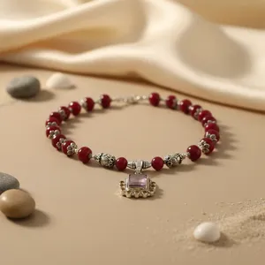 Vintage 925 Silver <b>Red</b> Agate Bead Pendant Necklace with Zircon Stone for Women Wedding Jewelry From Rajasthan Brand a - Product Image 3