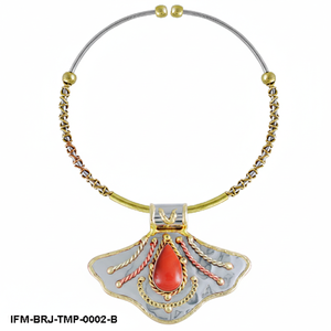 Collier pendentif tri-métal argent, or et cuivre, design éventail avec goutte de corail rouge, bijoux bohème artisanal - Product Image 2
