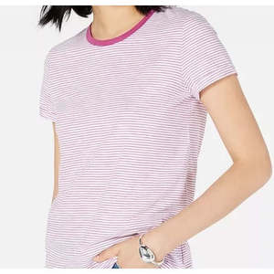 T-shirt girocollo da donna Maison Jules viola scuro con bordo a contrasto, vestibilità slim, taglie XS e XXS, in jersey di cotone traspirante - Product Image 3