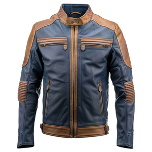 Blouson d'été matelassé léger et imperméable en peau de mouton véritable bleu marine et marron, style motard, col montant, multi-zippé, décontracté, avec doublure Sherpa - Product Image 1