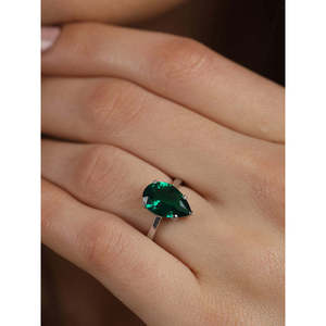 CLARA 925 Sterling <b>Silver</b> Dark Green Tear Drop <b>Ring</b> with <b>Adjustable</b> Band Rhodium Plated Pear for Swiss Zirconia Gift for Women - Product Image 4