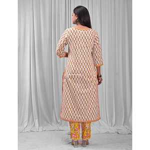 ชุดคุรตะผ้าฝ้ายสีขาวลำลอง (ชุด 2 ชิ้น) ลายพิมพ์บล็อก แขนสามส่วน สำหรับฤดูใบไม้ผลิ/ฤดูร้อน - Product Image 4