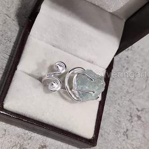 Rough Women's <b>Ring</b> Natural Raw Aquamarine March Birthstone <b>Adjustable</b> <b>Ring</b> Christmas Handmade Jewelry 925 <b>Sterling</b> <b>Silver</b> <b>Ring</b> - Product Image 2