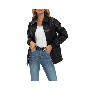 Women's <b>Sheep</b> Skin Leather Oversized Zip-Up Faux Motorcycle Bomber Jacket Breathable Winter Coat Fall Trendy Fashion <b>Outfit</b> - Product Image 1