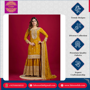 Trabajo de secuencia de bordado pesado elegante de alta calidad Nuevo Chinnon Silk Listo para usar Conjunto de Sharara Kurti completamente cosido con Dupatta - Product Image 2