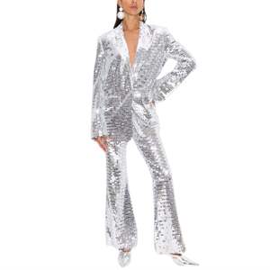 Pantalon orné de paillettes ton argent taille haute coupe évasée dissimulée fermeture éclair latérale fête pantalon de déclaration de mode - Product Image 1