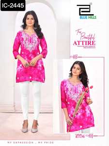 Ropa de verano de moda india Tops de rayón viscoso con Chikan Work en impresiones de tinte con Chikan Work Short Kurtis para ropa de mujer - Product Image 3