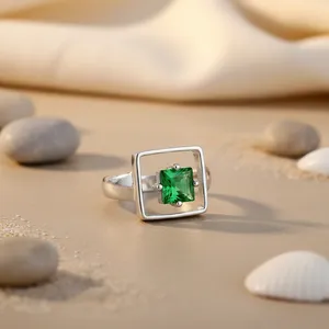 Women's a Brand 925 <b>Silver</b> Geometric <b>Ring</b> with <b>Emerald</b> Cut Zircon Prong Setting Minimalist Style From Rajasthan - Product Image 2