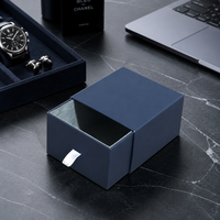 Boîte d'emballage coulissante pour montre, en carton rigide bleu foncé, avec ruban blanc, personnalisée OEM, pour boutique de montres