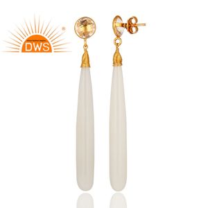 Venta caliente Plata esterlina 18K Chapado en oro Calcedonia blanca y cristal Cuarzo Piedra preciosa Cuelga Pendiente Joyería Fabricante - Product Image 3