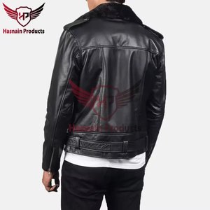 Chaqueta de Motero de Cuero Negra para Hombre con Cuello de Borrego, Piel de Cordero Genuina, Abrigo de Invierno Ajustado a la Moda - Product Image 5