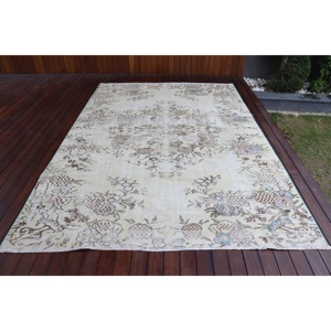 พรมวินเทจขนาด 6.6x9.9 ฟุต พรมตุรกีขนาดใหญ่ พรมขนสัตว์สีขาวลายปะติด - Product Image 1