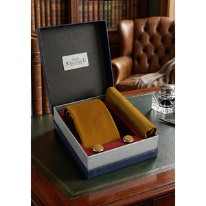 Mustard Plain Tie Pocket Square <b>Cufflink</b> Set with Tie Clip Gift PU Leather <b>Box</b> Included - Product Image 1