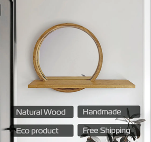 <span class=keywords><strong>Espejo</strong></span> circular de madera de color natural con estante, hecho a <span class=keywords><strong>mano</strong></span>, de madera maciza como el roble, utilizado para el tocador del <span class=keywords><strong>baño</strong></span>. - Product Image 3