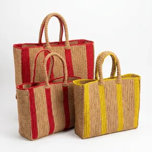 Sac fourre-tout bohème rayé en crochet, écologique, décontracté, unisexe, avec deux poignées, durable, ouverture supérieure, usage quotidien, beige, rouge, jaune - Product Image 6