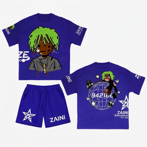 240 GSM Premium Cotton Jersey Men T Shirt And Short Set <b>Purple</b> Graphic Print DTF Screen Print Custom Logo Summer Wear - Product Image 1