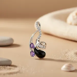 Pendentif en argent 925 avec onyx violet et améthyste pour femmes, fait à la main, charme religieux, motif animal, rhodium, onyx violet, série numérotée - Product Image 2