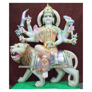 Makrana White Marble Goddess Durga Ji Sculpture Colourful Work Hand Made Polished Hindu <b>Religious</b> Worship <b>Statue</b> Mata Sherawali - Product Image 1