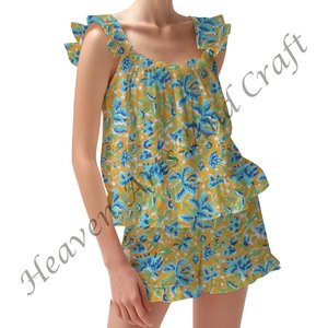 Conjunto de pijama de pantalones cortos de algodón con estampado de bloque indio, ropa de descanso, Primavera/Verano, conjunto de pijama con mangas ajustadas florales con volantes y tiras - Product Image 3