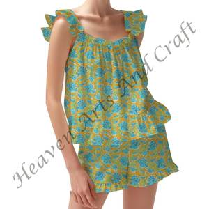 High Quality Cotton Shorts <b>Pajamas</b> Set <b>For</b> <b>Women</b> Soft Block Spring/<b>Summer</b> Floral Fitted Strappy Ruffle Trim Sleeves PJ Set - Product Image 6