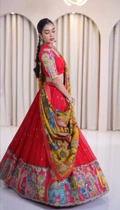 <b>Red</b> Premium Kalamkari Print and Embroidery Work <b>Lehenga</b> Set Heavy Faux Georgette <b>Lehenga</b> With Choli & Kalamkari Print Dupatta - Product Image 2