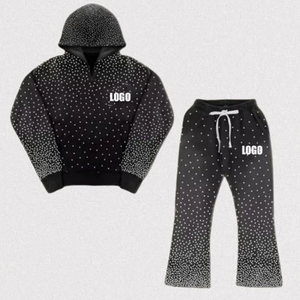Streetwear Personnalisé Oversize Washed Zipper Rhinestone Hoodie et Baggy Sweat Pants Set Sweat Suit Survêtement - Product Image 1