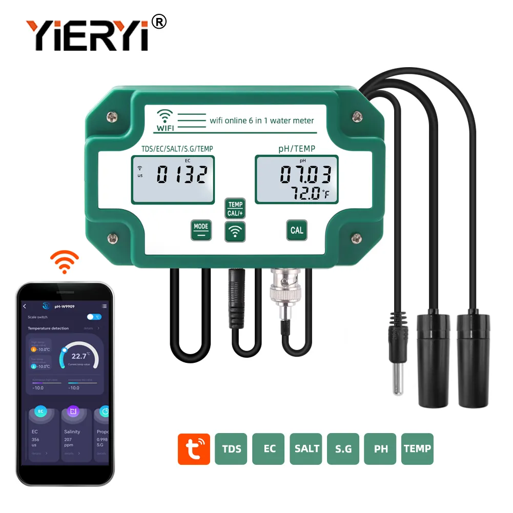 Tuya-Detector inteligente de calidad del agua 6 en 1 con Wifi, multifunción, medidor de PH con función de registrador de datos para hidroponía