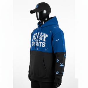 Sweat à capuche en polaire de coton premium 300 GSM, bleu et noir, design à panneaux, coupe ajustée, logo brodé personnalisé, sweat à capuche basique - Product Image 3