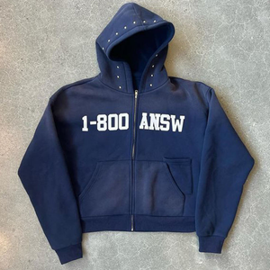 เสื้อฮู้ด320gsm ฟอกสีกรดสำหรับผู้ชายและผู้หญิงเสื้อผ้าแนวสตรีทแวร์เปิดไหล่มีฮู้ดผ้าเย็บปักและติดพลอยเทียมมีซิปรูดสำหรับผู้ชาย - Product Image 1