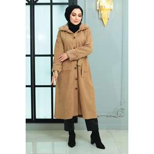 Manteau en laine beige pour femme avec détails en fourrure 19175 - Manteau élégant en duvet - Product Image 6