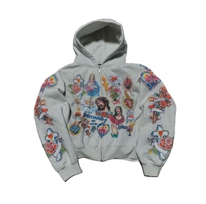 Custom Sun Fade algodón Hoddie Oversized Streetwear distress bordado recortado Vintage ácido lavado pantalla impresión Sudadera con capucha para los hombres - Product Image 3