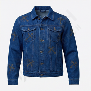Veste en jean noir uni 2025 : Logo imprimé personnalisé, style boutonné, col montant, coupe ajustée, veste en jean pour homme, design élégant - Product Image 1