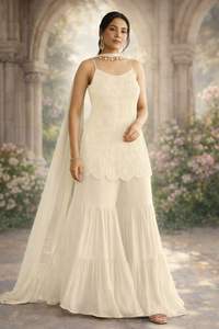 Nuevo Traje Sharara de Diseñador con Bordado de Cuentas y Tela de Georgette Sintética Pesada para Fiestas o Compromisos - Product Image 4