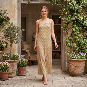 Robe longue style bohème à imprimé géométrique, bretelles spaghetti, coupe ample, en viscose tissée, décontractée d'été, coupe trapèze, dos nu - Product Image 1