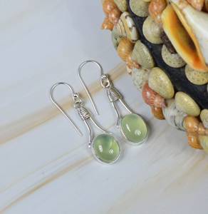 Boucles d'oreilles pendantes en argent sterling 925 de luxe vintage, bijoux tendance pour femmes, pierre naturelle, ovale, prehnite verte, cadeau de fête tendance - Product Image 1