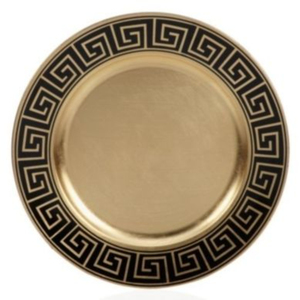 Assiette de présentation ronde exclusive en métal doré et noir à motif grec pour mariage, dîner, décoration de table, vaisselle et assiettes - Product Image 1