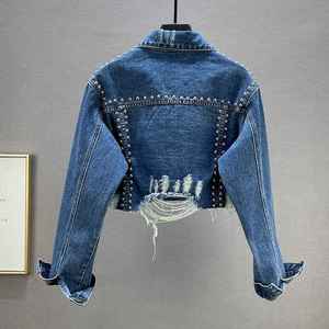 Chaqueta vaquera con tachuelas y remaches de industria pesada para mujer, Colección Primavera Verano 2024, chaqueta vaquera con cuentas de uñas desgastadas, Top para invierno - Product Image 2