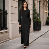 Robe longue en cachemire noir uni pour femme, tricotée sur mesure, manches longues, col rond, ourlet évasé, élégante et luxueuse, robe maxi