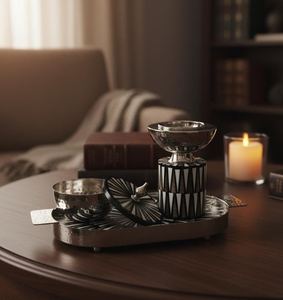 Juego de Quemadores de Incienso con Incrustaciones Geométricas de Lujo, con Bandeja Martillada, Soporte para Oud, para Regalos de Ramadán, Decoración del Hogar de Oriente Medio y el Golfo - Product Image 2