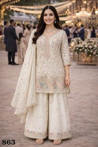 Ensemble Salwar Kameez pakistanais de haute qualité en tissu de soie Chinon Airtex, coupe droite, bordure élégante, avec dupatta assortie, en promotion - Product Image 3
