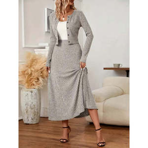 Women'<b>s</b> Long-Sleeve Button-Front <b>Blouse</b> <b>and</b> High-Waisted A-Line Long Skirt with Brushed Fabric, Two-Piece Set, 28603 - Gray - Product Image 1