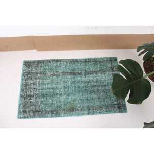 Tapis turc vintage patchwork 1,7x2,9 pi (52x89 cm) en laine persane verte avec envers en latex, tapis écologique pour la maison - Product Image 3