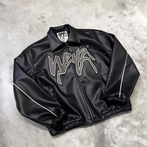 Blouson de baseball en similicuir avec logo brodé en chenille Blouson vintage zippé pour homme Veste en cuir - Product Image 4