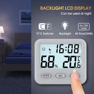 مقياس حرارة ورطوبة رقمي مع ساعة منبه وشاشة LCD مضاءة خلفياً لقياس درجة الحرارة والرطوبة الداخلية للغرفة والمكتب والطاولة - Product Image 4